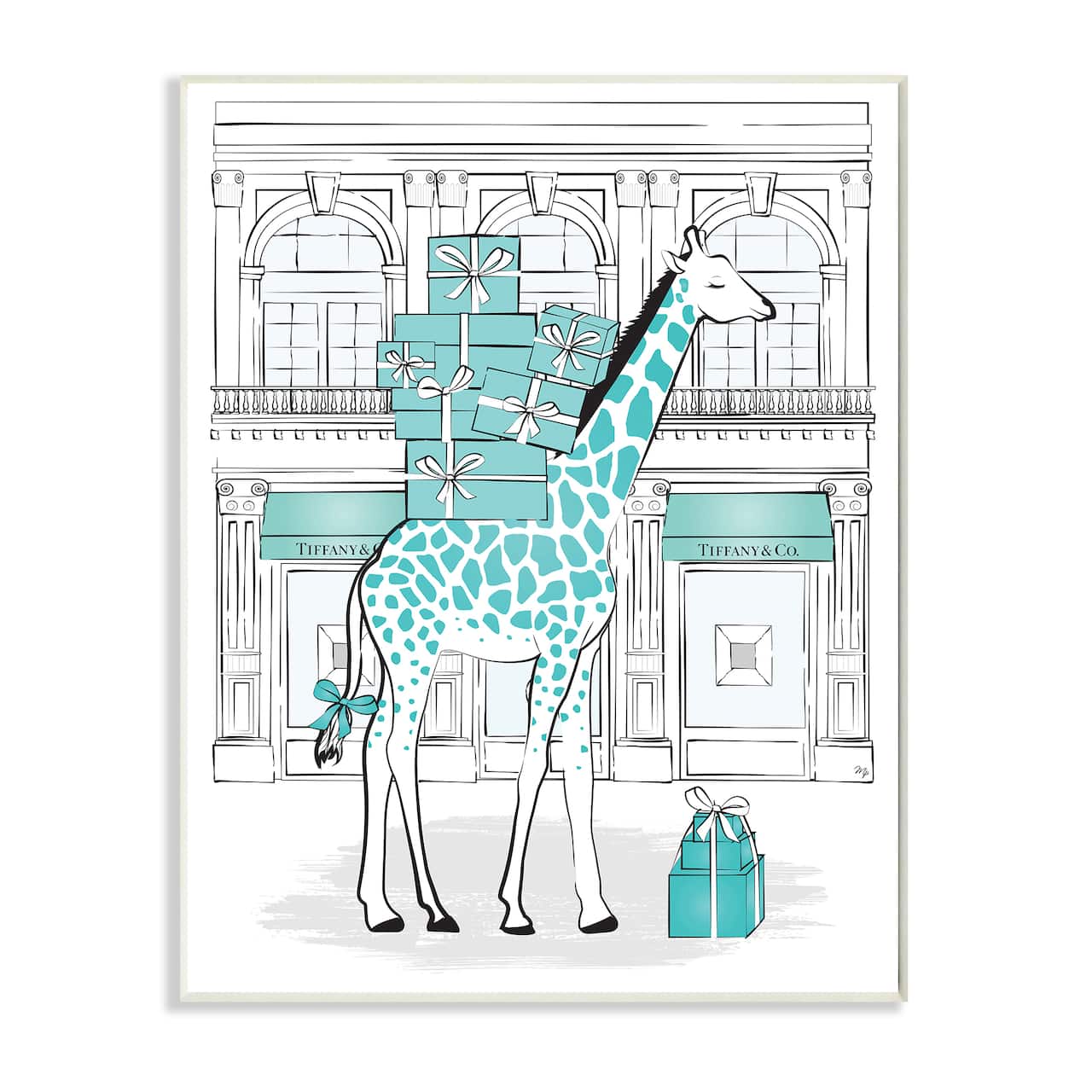 Stupell Industries Giraffe with Stacked Gift Boxes Designer Brand Wall Plaque